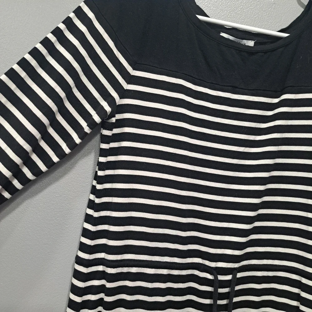 White House Black Market Striped Drawstring Knit Dress Black White 3/4‎ Sleeve M